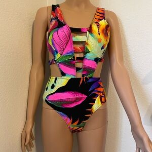 Tropical Cutout One-Piece Swimsuit — Neon Leaf Print